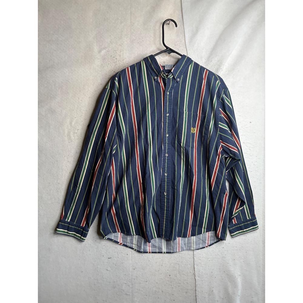 VTG Windridge Mens L Long Sleeve Striped Button Down Shirt Navy Green Red Cotton